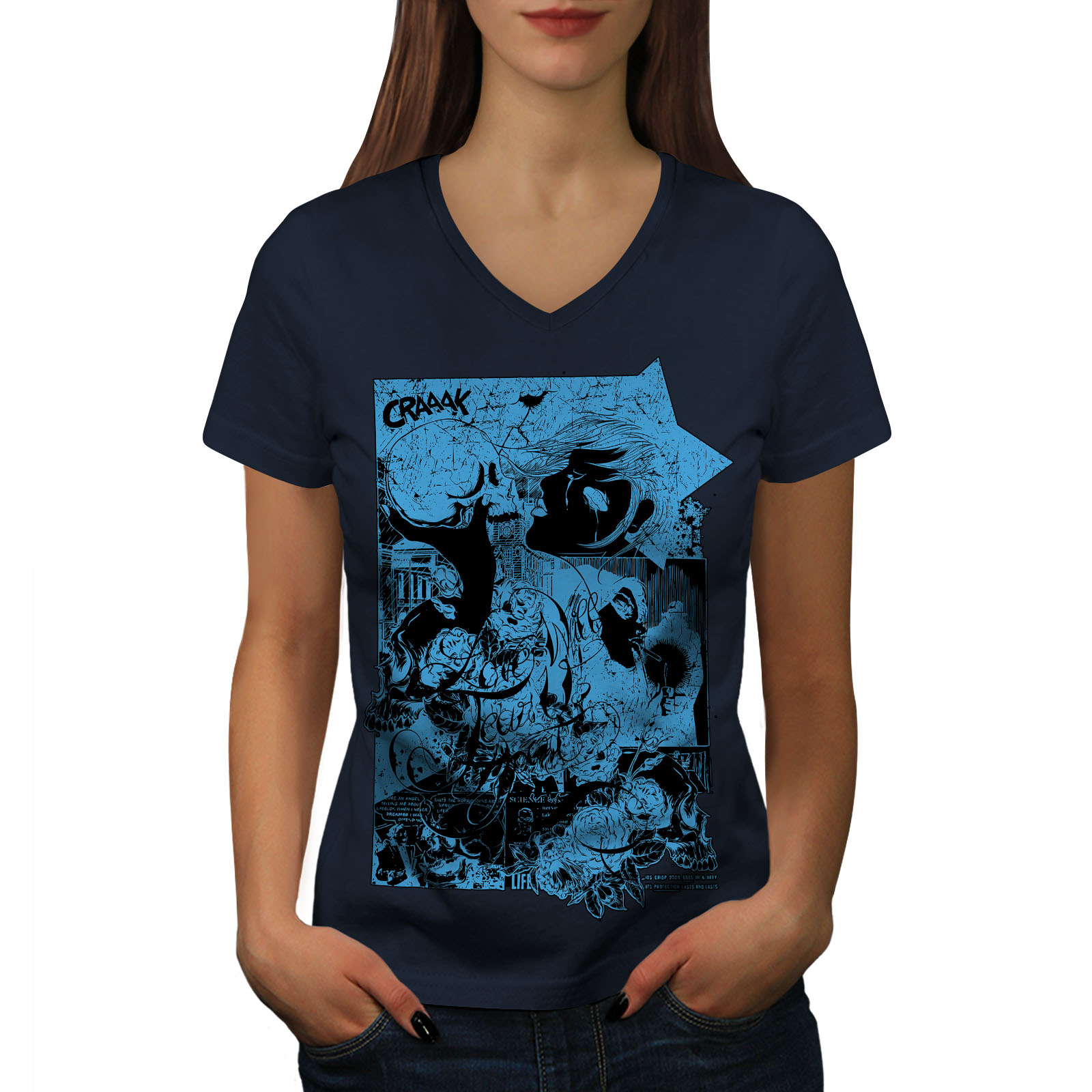 Wellcoda Comics cooles Damen T Shirt mit V Ausschnitt Schädel Angst