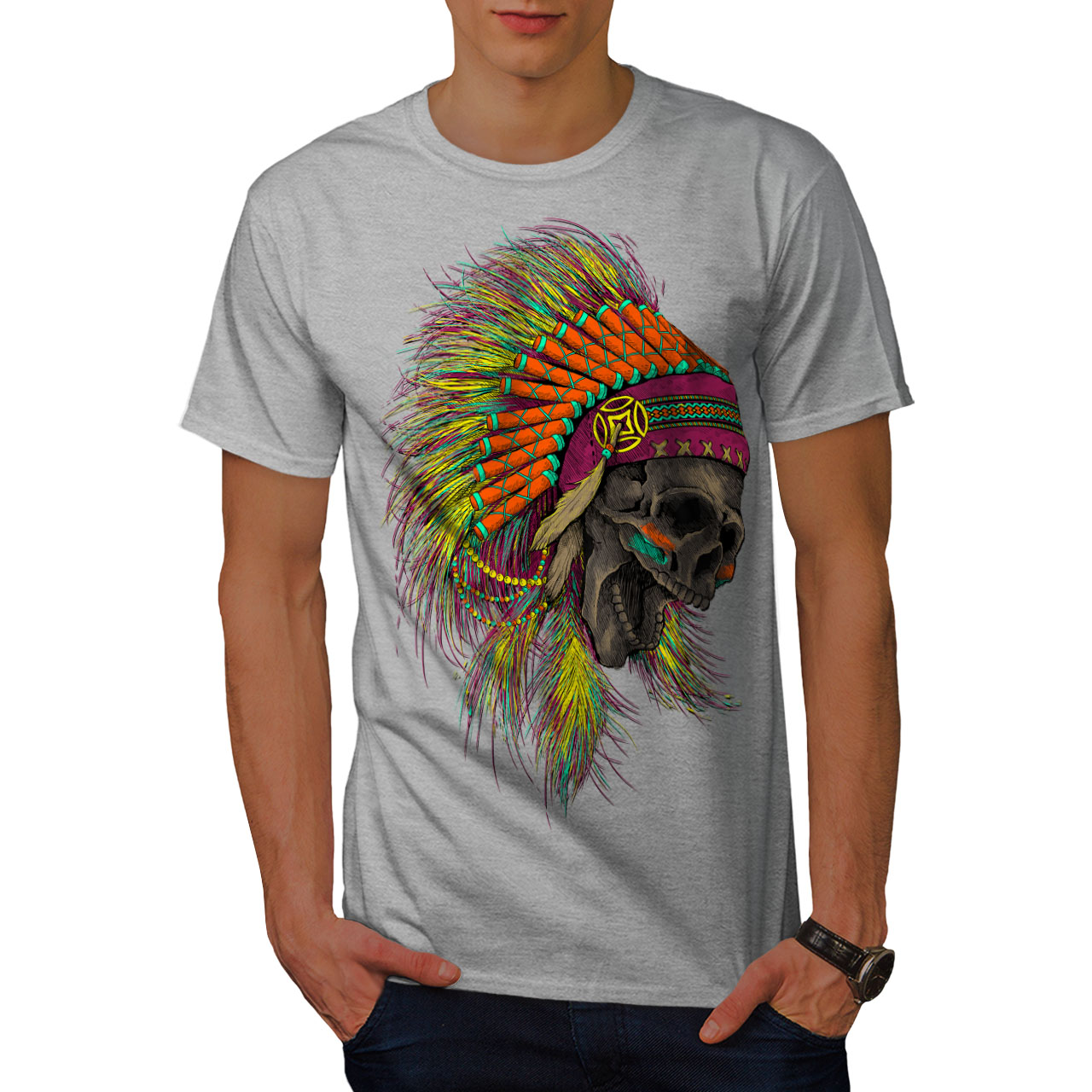 Wellcoda American Indian Skull Mens T Shirt Graphic Design Printed Tee Ebay 5611