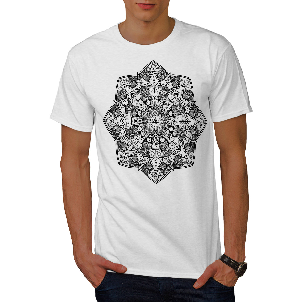 Wellcoda Grey Mandala Mens T-shirt, Meditation Graphic Design Printed ...