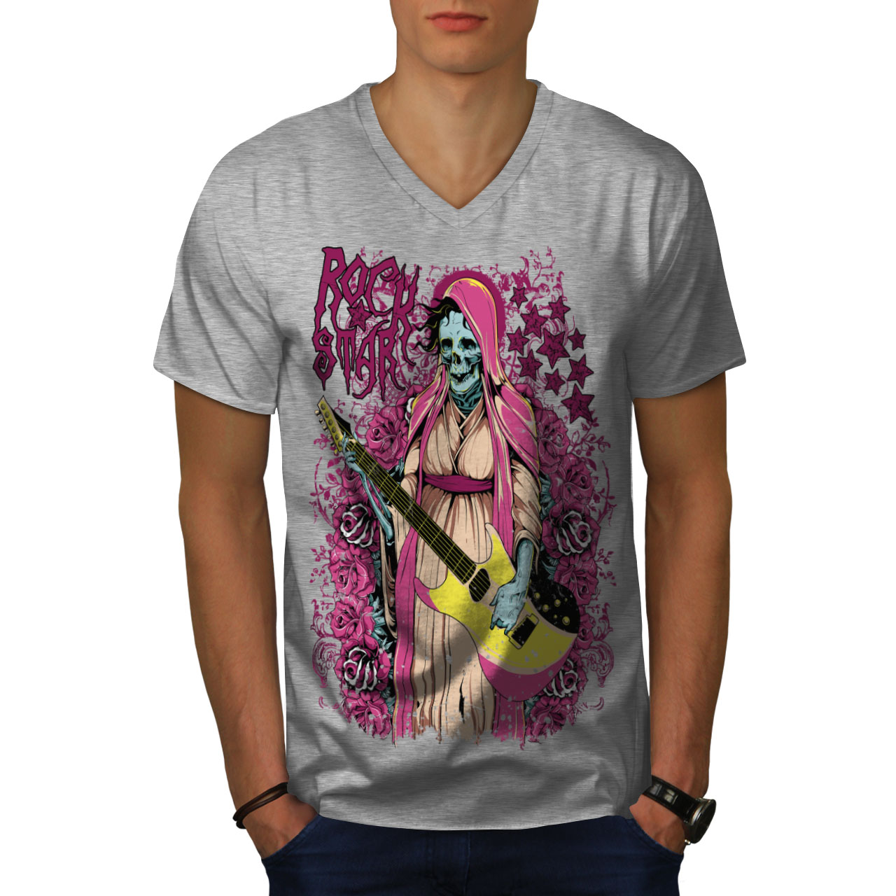 Wellcoda Rock Star Zombie Music Mens V-Neck T-shirt, Bones Graphic ...