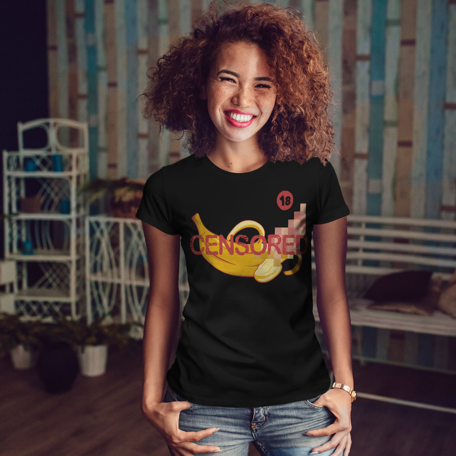 Wellcoda Censored Banana Funny Womens T-shirt, Casual Design Printed ...