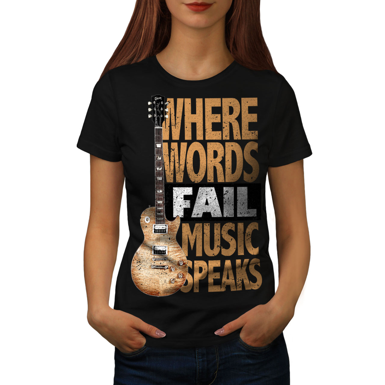 Wellcoda Music Speaks Words Womens T Shirt Guitar Casual Design Printed Tee Ebay 1820