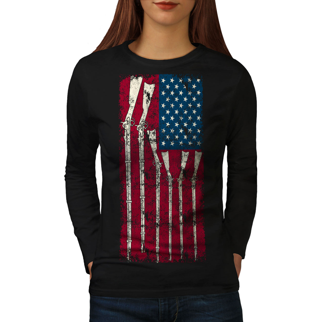 Wellcoda Gun Flag America Cool Womens Long Sleeve T-shirt, America ...