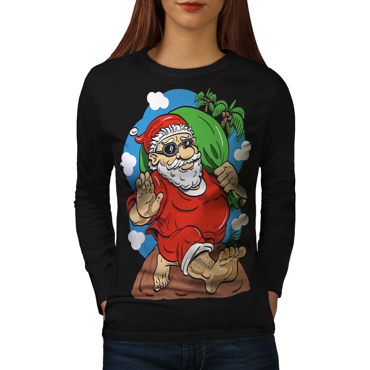 Wellcoda Santa Holidays Womens Long Sleeve T Shirt Christmas Casual Design Ebay