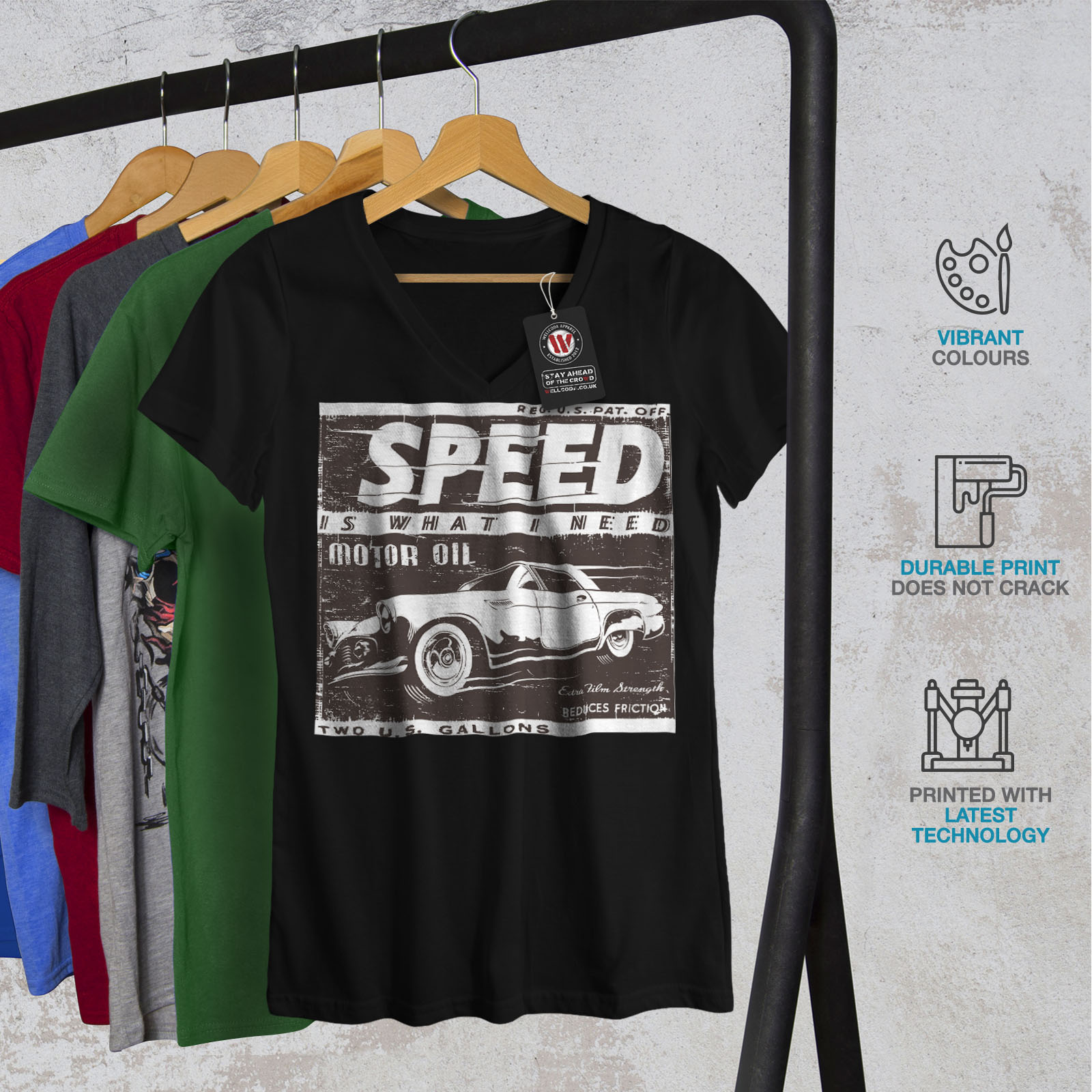 Wellcoda Vintage Racing Speed Car Womens V-Neck T-shirt, Auto Graphic ...