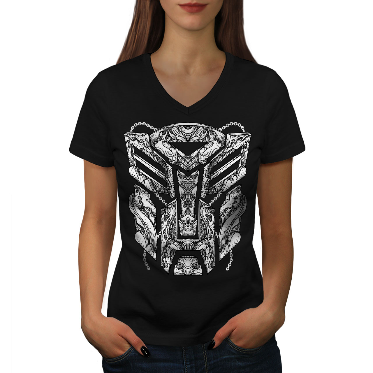 Wellcoda Autobot Logo Womens V-Neck T-shirt, Robot Movie 