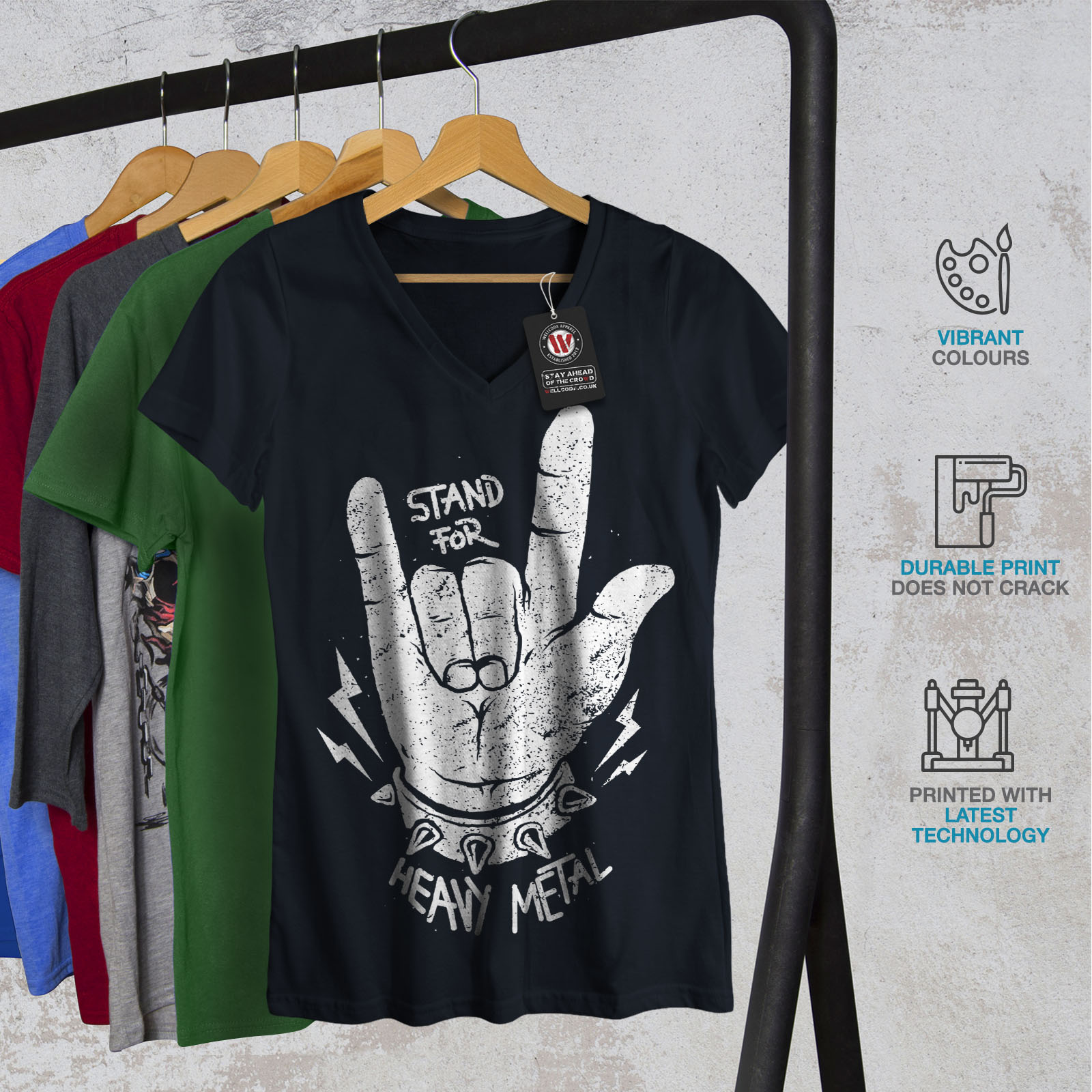 Wellcoda Heavy Metal Music Womens V-Neck T-shirt, Hand Spike Graphic Design  Tee