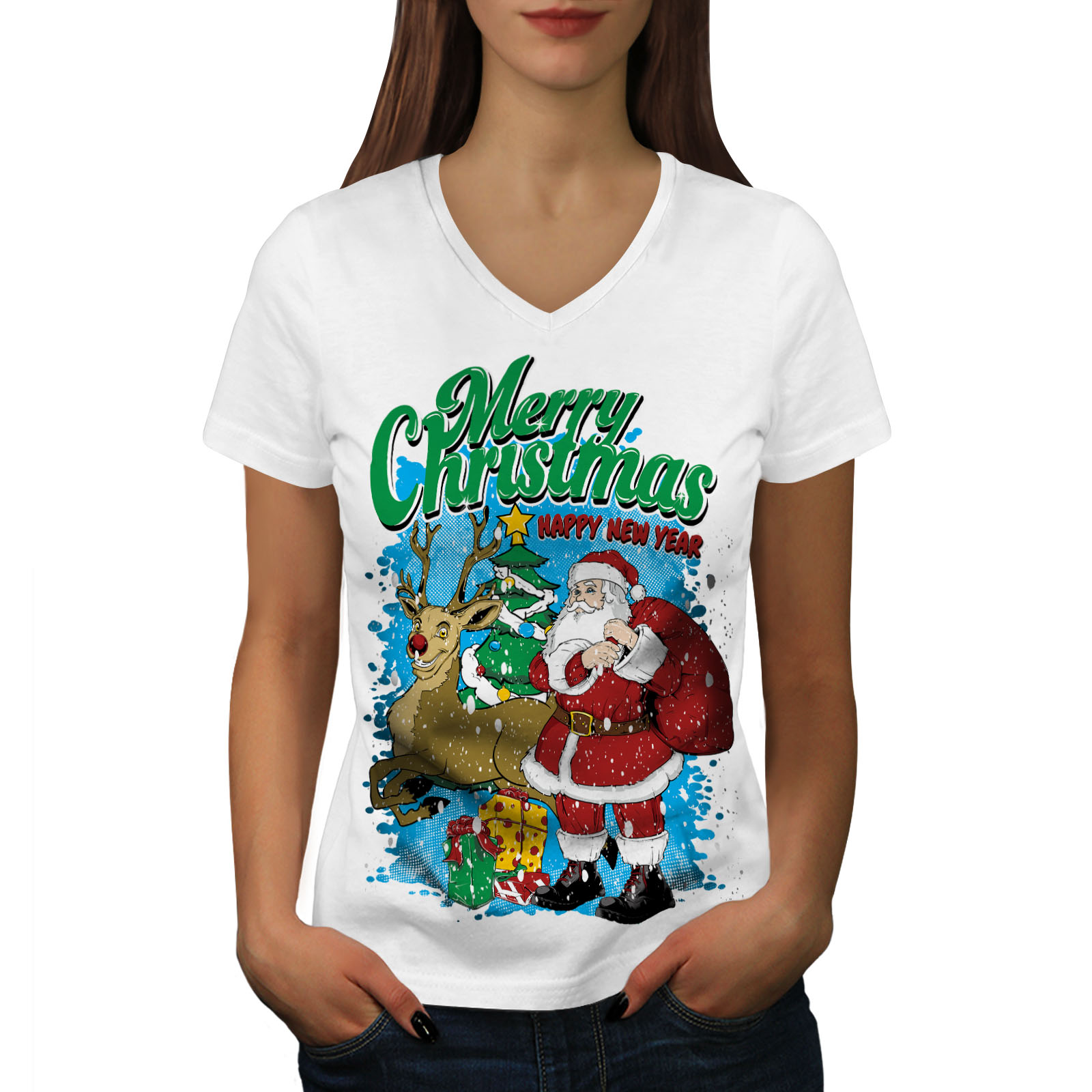 Wellcoda Christmas Santa Holiday Womens V Neck T Shirt Graphic Design Tee Ebay