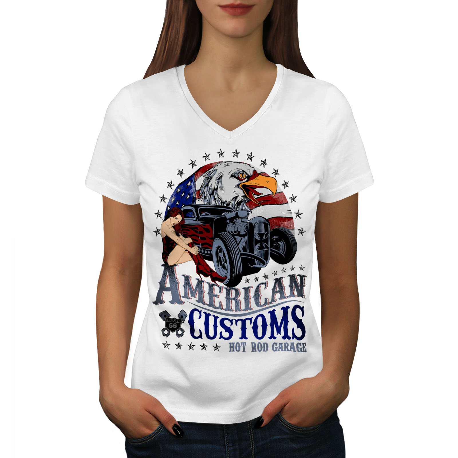 Wellcoda America Customs Womens V Neck T Shirt Usa Country Graphic