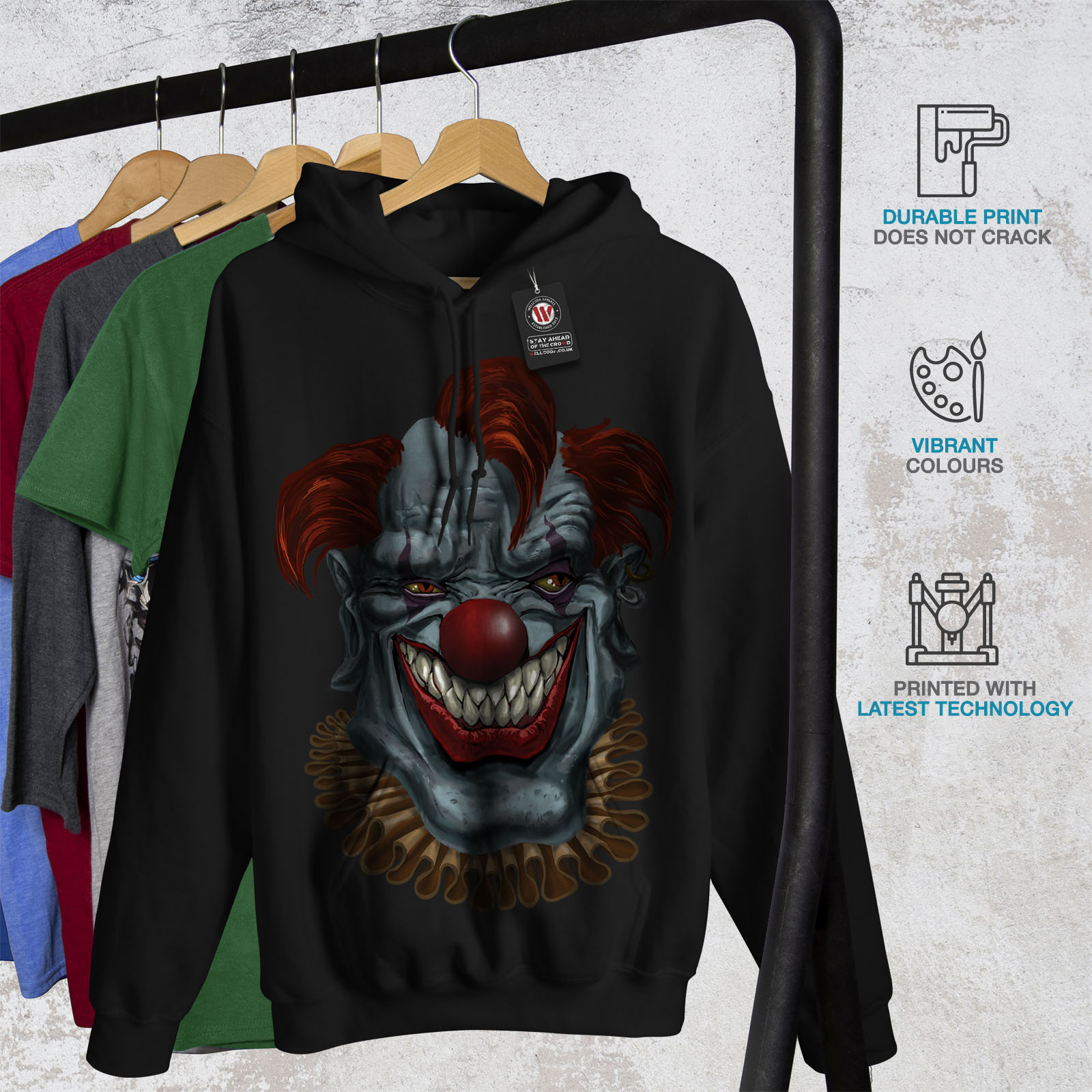 Wellcoda Creepy Horror Clown Scary Womens Hoodie, Mad Casual Hooded ...