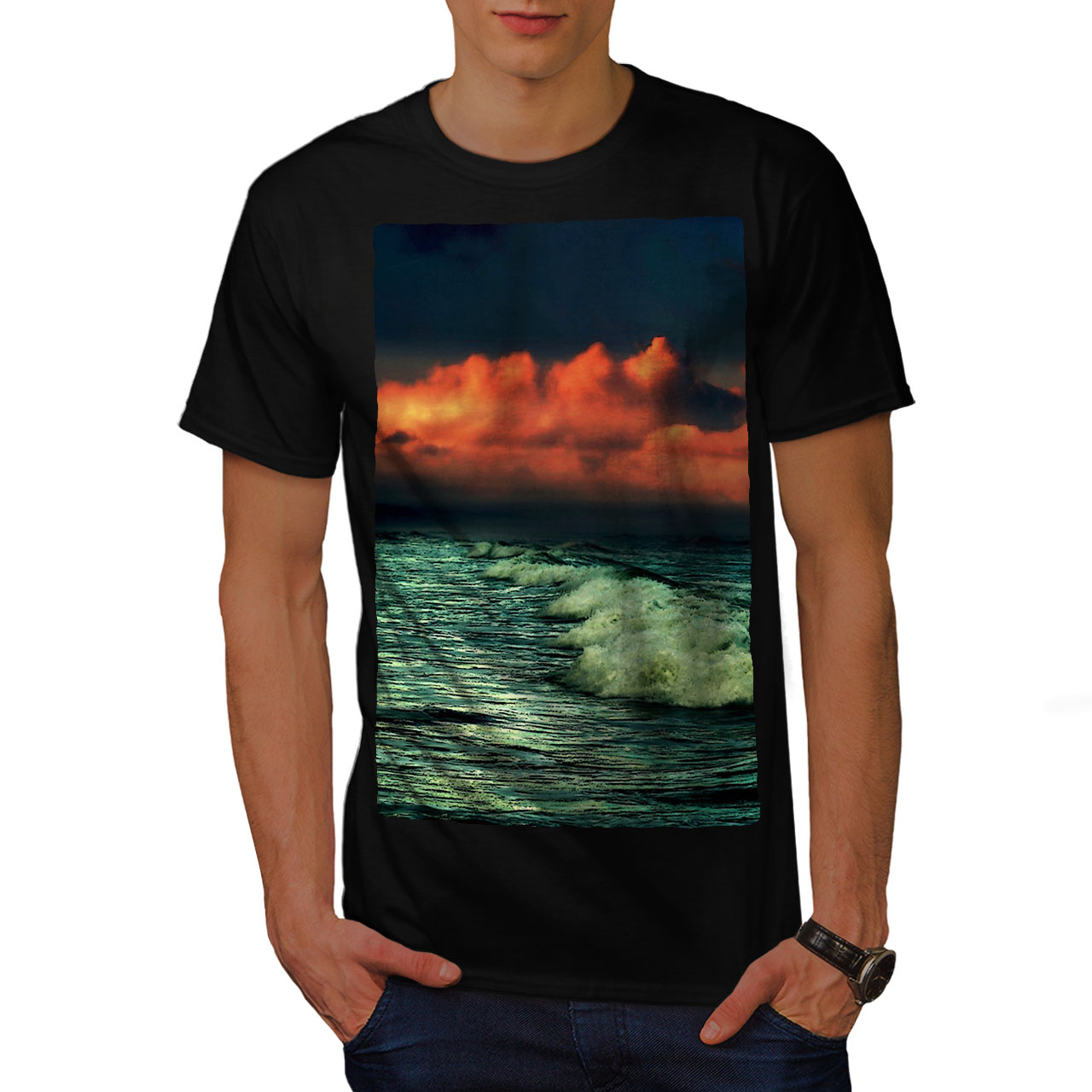 Wellcoda Dark Sea Wave Dawn Mens T-shirt, Ocean Graphic Design Printed ...