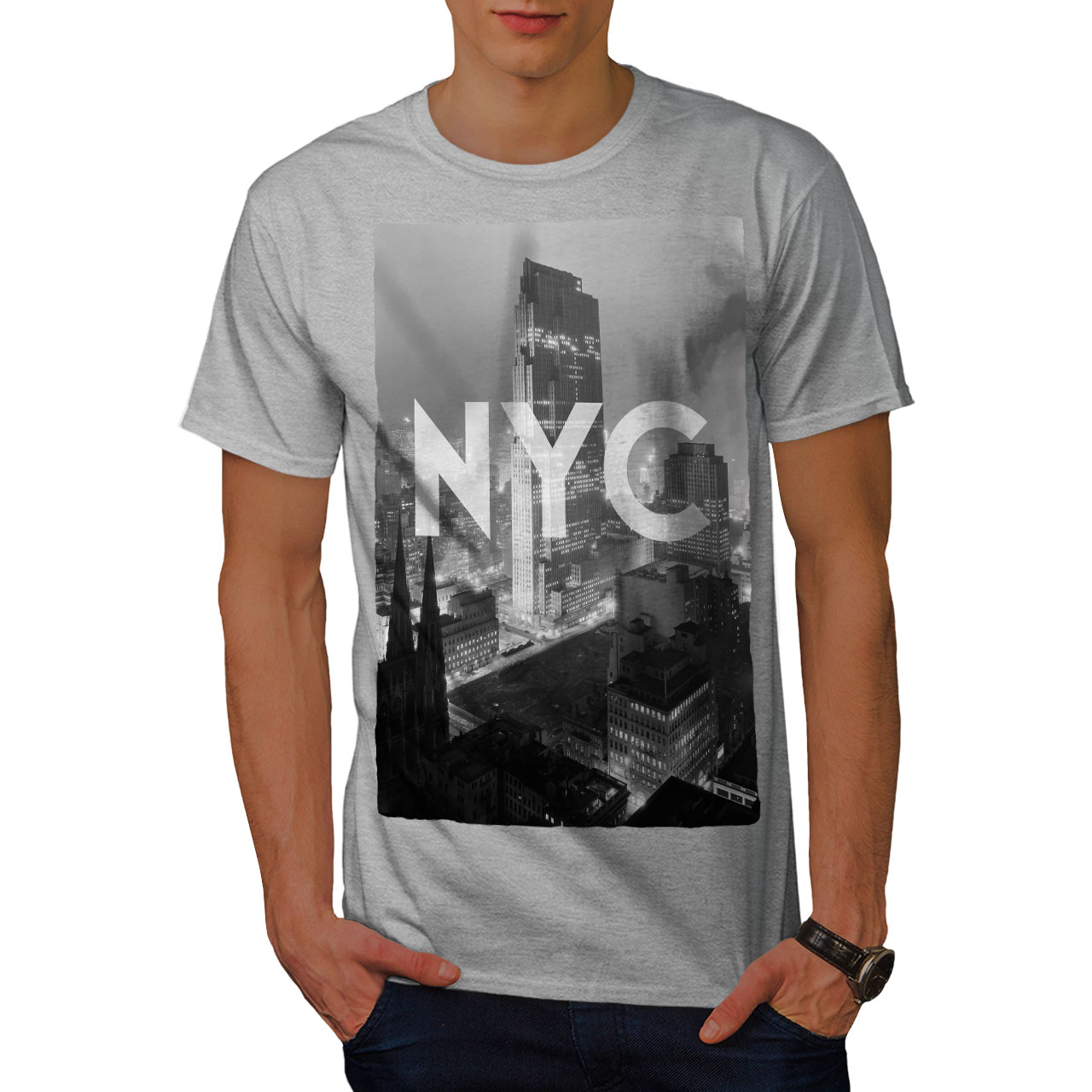 T-shirt with Printed Design - Gray melange/New York - Men