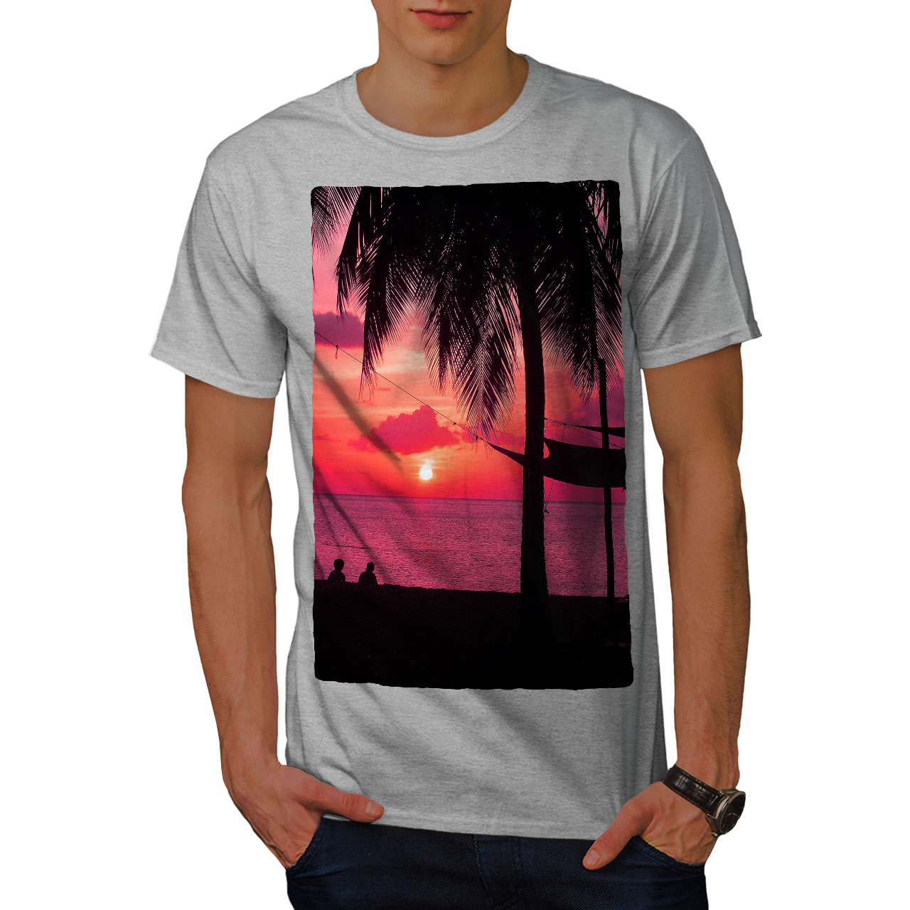 Wellcoda Romantic Sunset Mens T-shirt, Beach Graphic Design Printed Tee ...