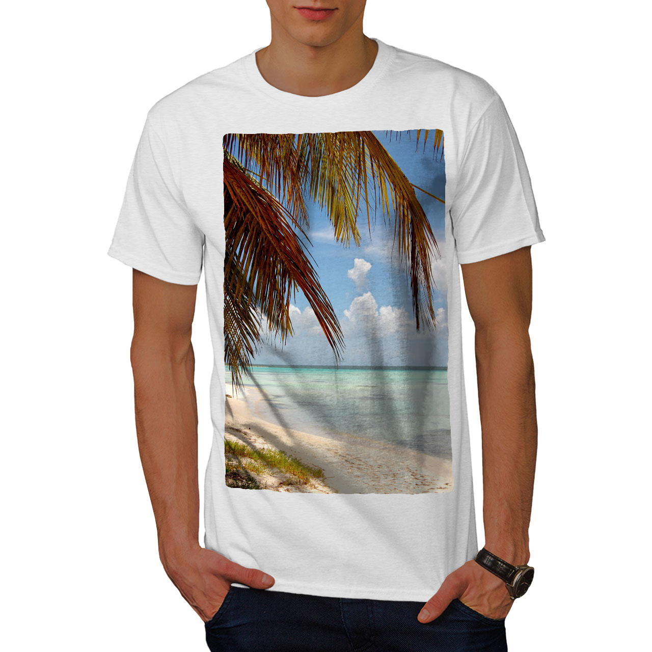 Wellcoda Sunny Sandy Beach Mens T Shirt Palm Trees Graphic Design Printed Tee Ebay 5360