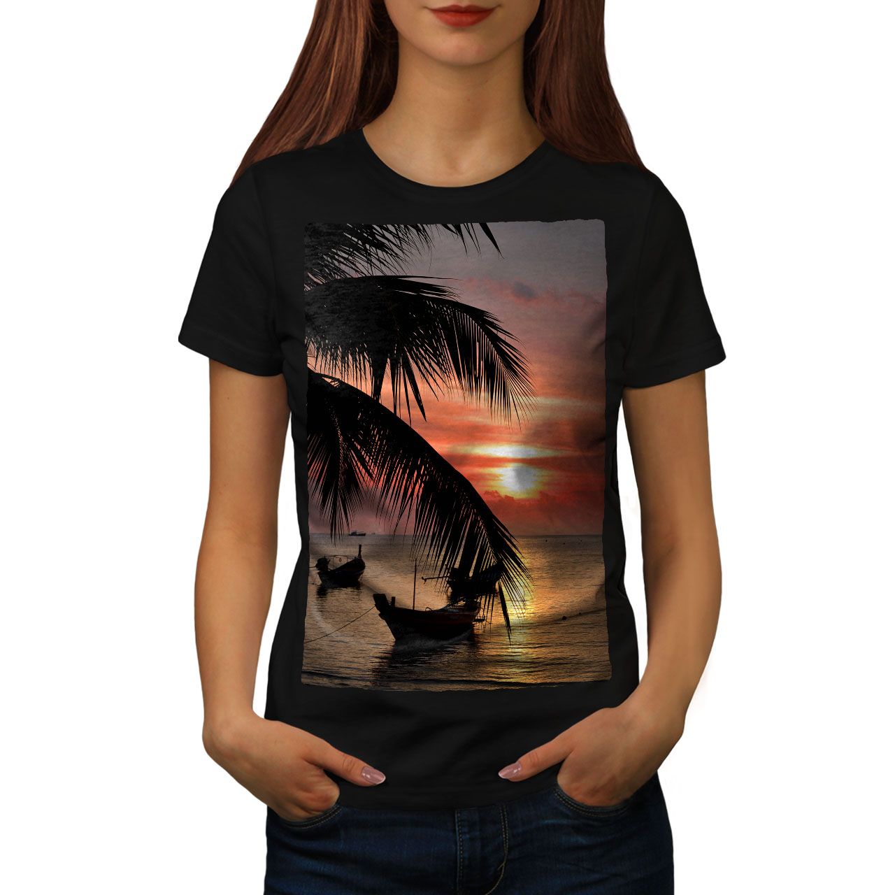 Wellcoda Sunset Palm Tree Womens Tshirt, Ocean Beach Casual Design
