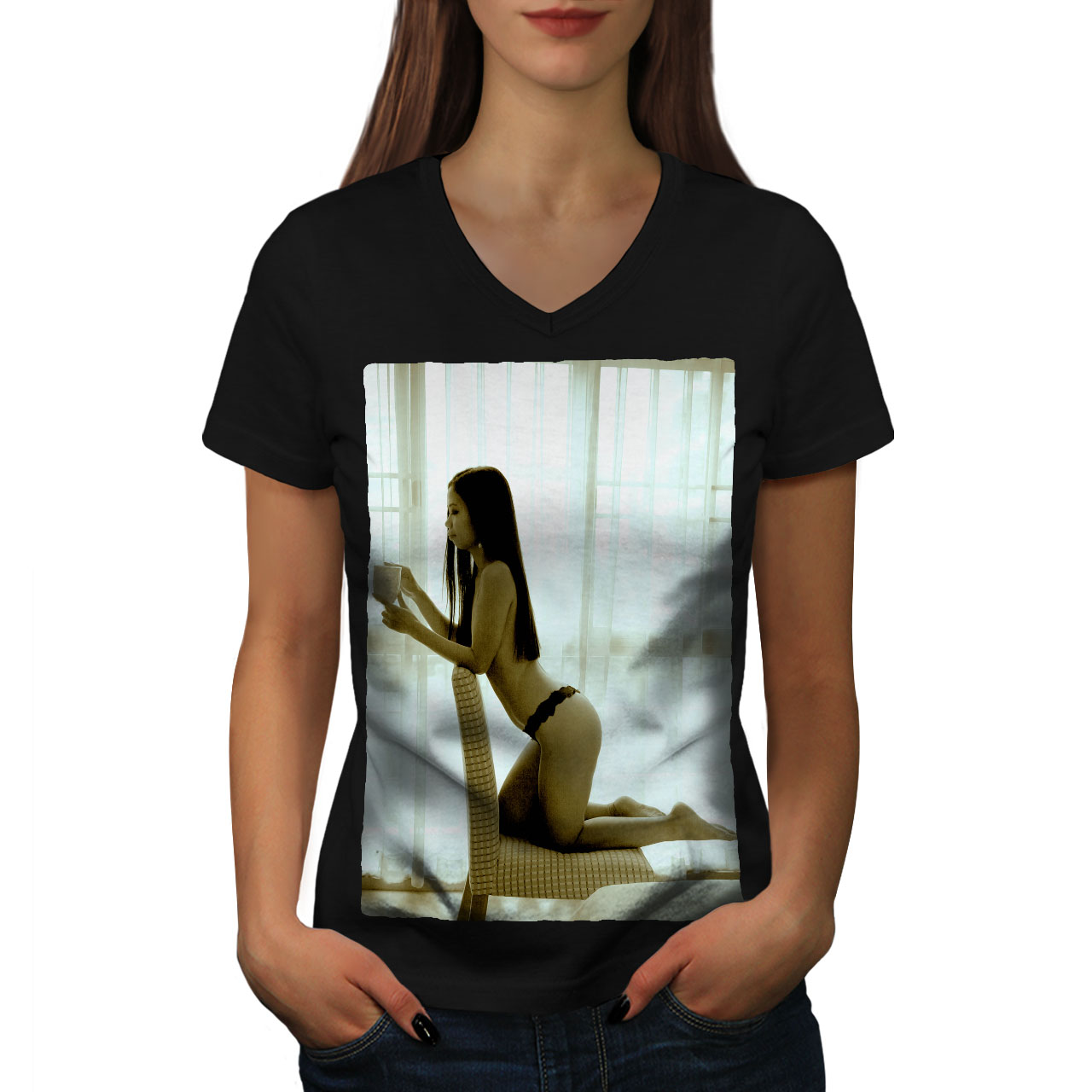 Wellcoda Girl Hot Body Booty Womens V Neck T Shirt Naked Graphic Design Tee EBay