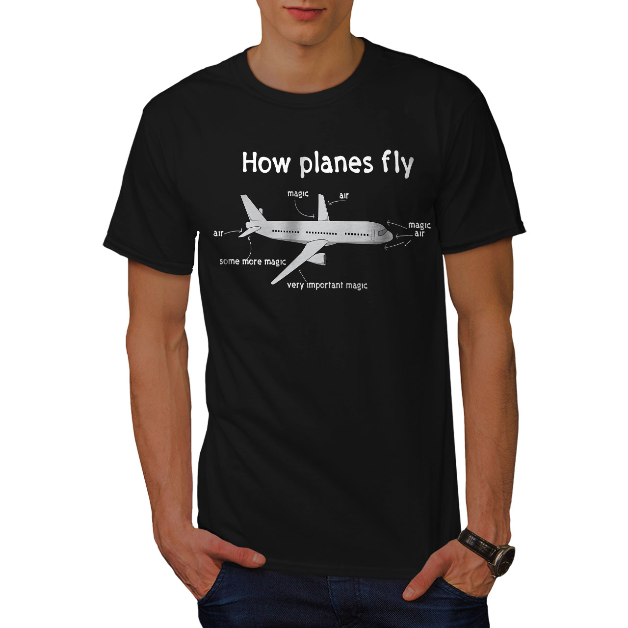 Wellcoda How Planes Fly Mens T-shirt, Magic Graphic Design Printed