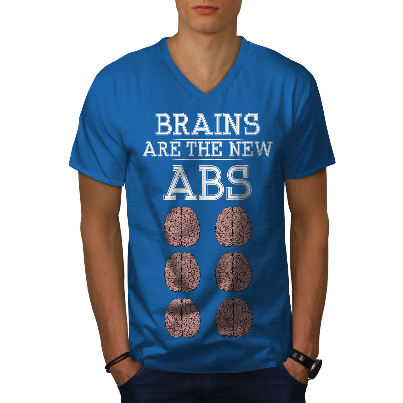 Wellcoda Brains Geek Mens V-Neck T-shirt, Gym Abs Lift Graphic Design ...