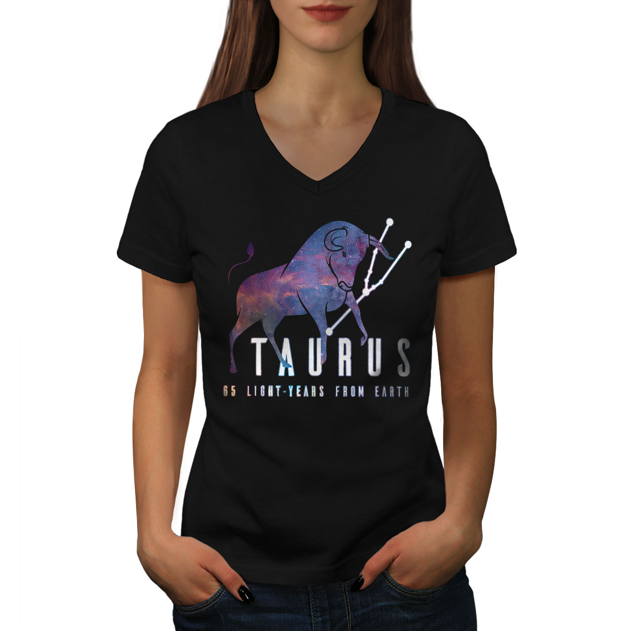 Wellcoda Taurus Zodiac Sign Womens V-Neck T-shirt, Horoscope Graphic ...