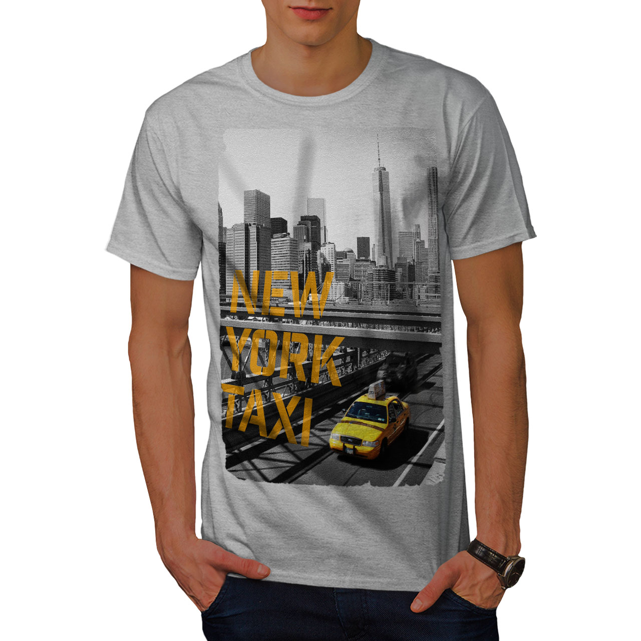 Wellcoda New York USA Taxi Mens T-shirt, Yellow Graphic Design Printed Tee