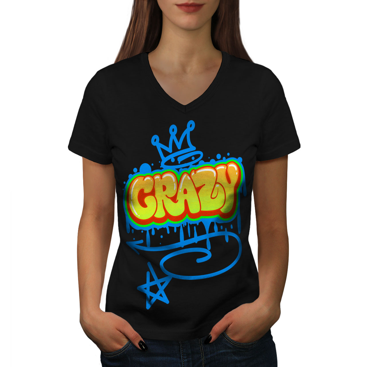 Wellcoda Crazy Graffiti Fashion Womens V Neck T Shirt Paint Graphic Design Tee Ebay